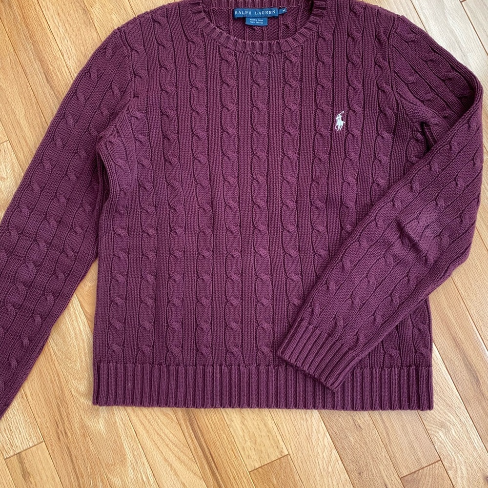 Ralph Lauren Women’s Maroon Cable Knit Crewneck Sweater